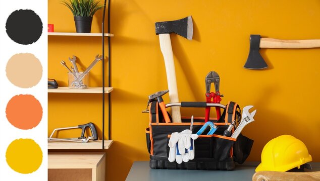 Home improvement and renovation project, tool bag with construction equipment and safety gear on a workbench against a yellow wall in a workshop
