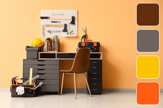 Home improvement and diy project, workspace with tools and equipment for renovation and construction work in a modern home office or workshop interior
