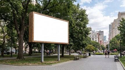 Fototapeta premium Blank Billboard in City Park Surrounded by Trees and Buildings.