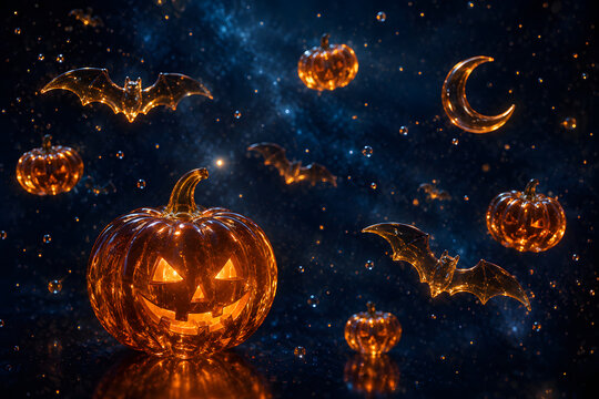Glass halloween pumpkins and bats floating in dark starry sky.