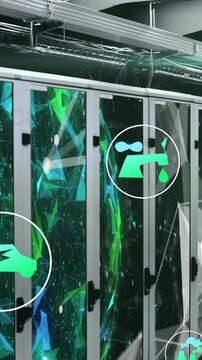 Animation of ecology icons and network of connections over server room