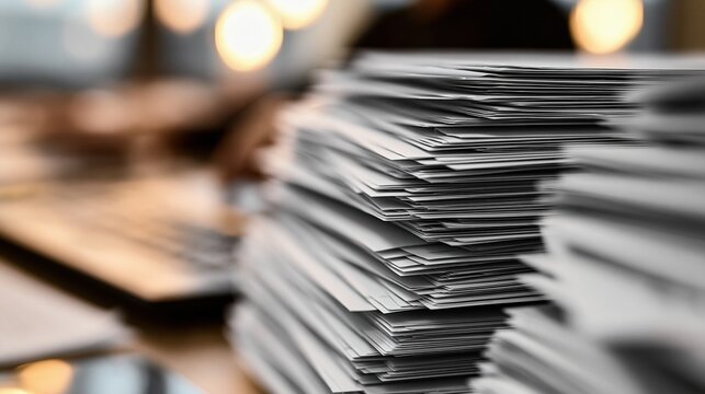 tall stacks of white paper on office desk