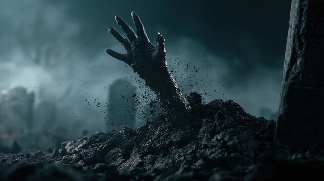 Grim reaper hand emerging from dark grave soil