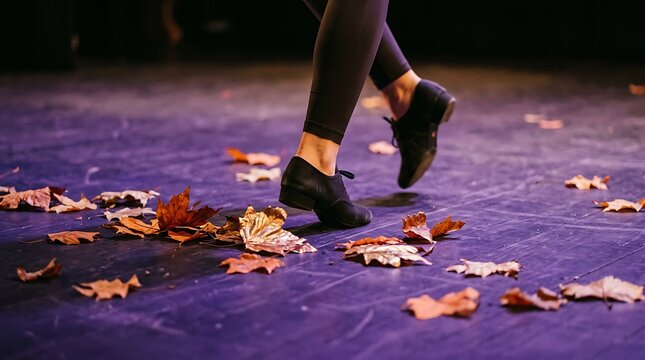 Close Up View of Tap Dancer Feet Performing on Wooden Stage Surrounded by Autumn Leaves