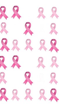 Animation of multiple pink ribbon logo glowing on white background