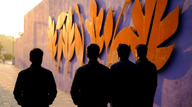 Silhouettes of Four Men Standing in Front of an Artistic Wall Sculpture at Sunset