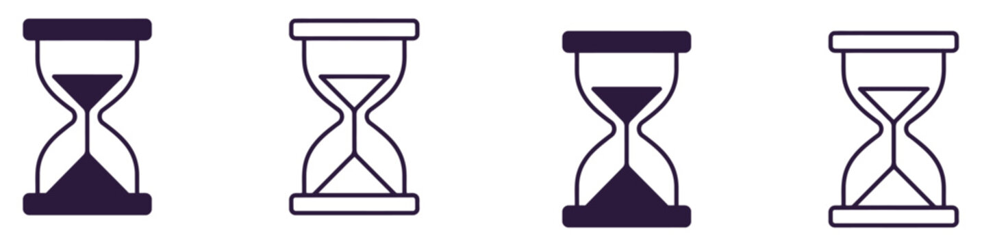 Hourglass timer icons featuring sand clocks for countdowns, deadlines, waiting periods, time management, and scheduling in varied styles