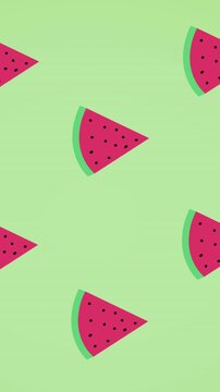 Animation of single watermelons floating on green background