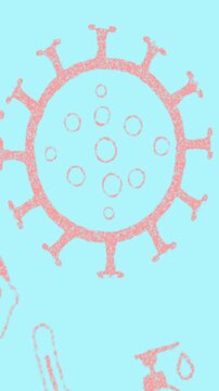 Animation of woman with face mask over covid 19 icons moving