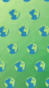 Animation of rows of multiple globes moving together on green background