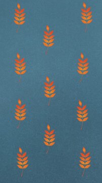 Animation of rows of autumn orange leaves on blue background