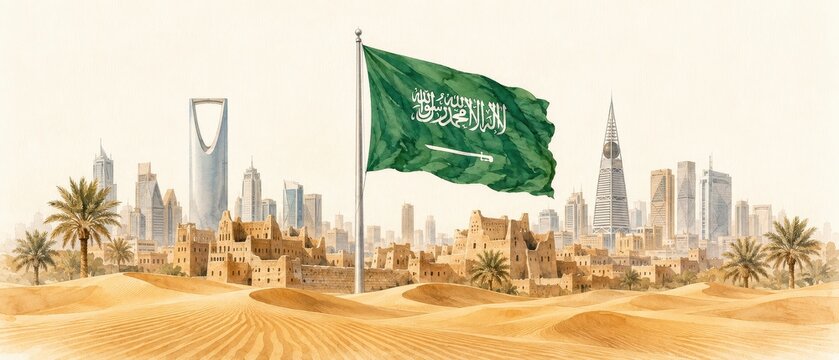 Saudi Arabia flag waving with iconic buildings.