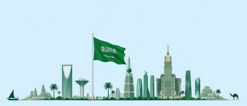 Saudi Arabia flag waving with modern futuristic buildings.