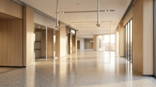 Hanging transparent acrylic sign mockup in modern hallway