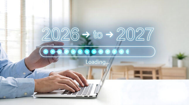Digital transition concept showing a professional using a laptop while progressing from 2026 to 2027 through a futuristic loading interface.
