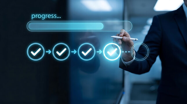 Digital business progress concept featuring a professional tracking completed tasks, workflow milestones, project status, and performance management.