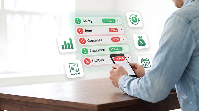 Personal finance dashboard concept showing salary, savings, expenses, transactions, financial tracking, and digital money management.