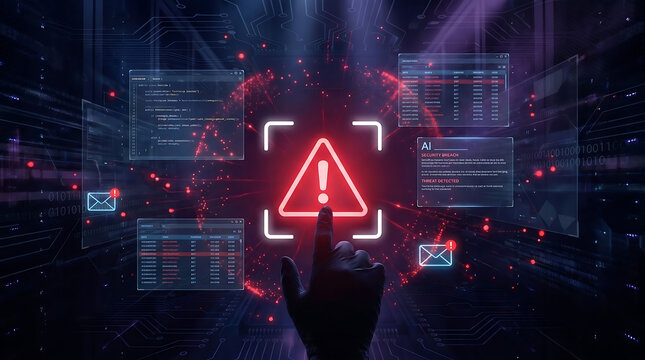 Cybersecurity threat detection concept featuring a warning alert, digital network, cyber attack signals, data protection, and security monitoring.