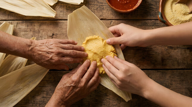 Hands of grandmother and granddaughter working together to spread golden corn masa onto dried corn husks while preparing traditional authentic mexican tamales during a sunny and warm afternoon kitchen