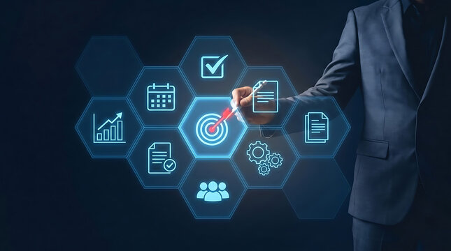 Business technology concept showing project management, digital workflow, strategic planning, data analytics, collaboration, and task organization.