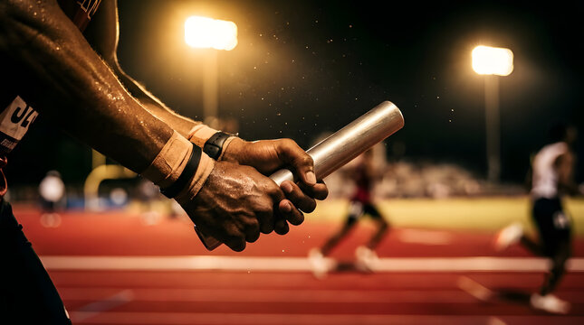 Determined athlete gripping a metallic relay baton with muscular hands during a competitive night track race under bright stadium floodlights capturing the essence of speed power focus and intense tea