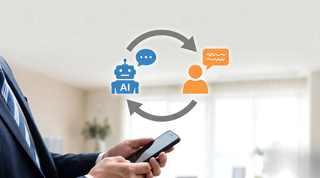 AI-powered customer communication concept showing a smartphone, automated messaging, virtual assistance, and digital interaction.