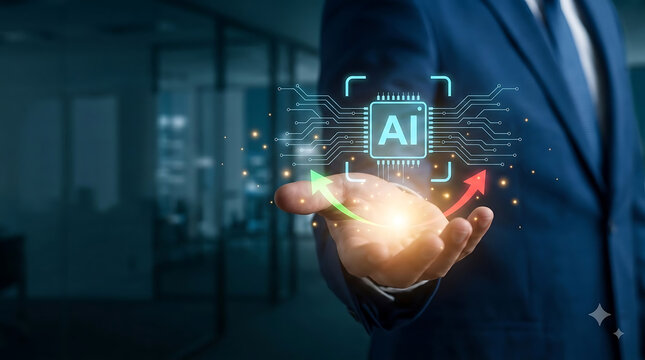 Professional presenting a glowing AI interface, symbolizing innovation, automation and growth today.