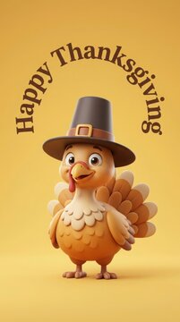 Cute cartoon turkey wearing pilgrim hat during Thanksgiving celebration with warm lighting