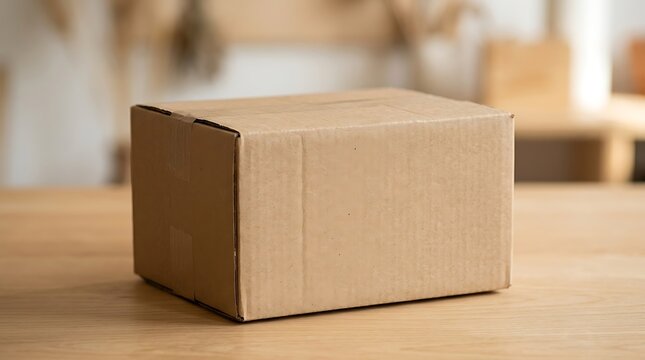 Closed brown cardboard shipping box on wooden table