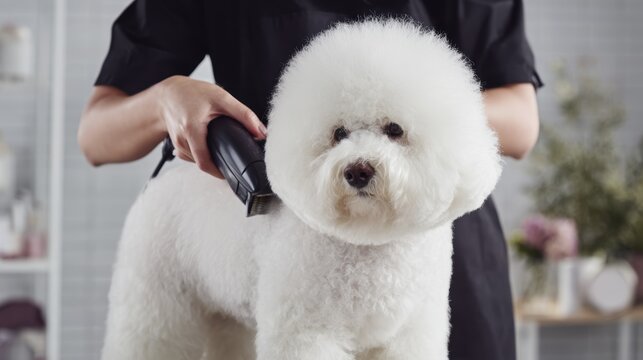 Fluffy white dog grooming session with professional pet stylist