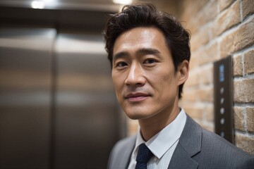 Fototapeta premium Businessman standing near elevator in office building
