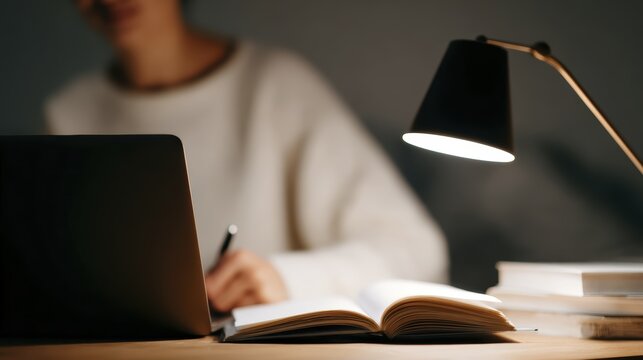 Cozy evening workspace with open book, desk lamp, and laptop in soft light