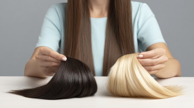 Woman comparing smooth blonde and brown hair extensions on table