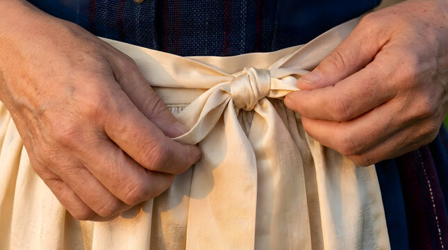 Elderly hands gently tie a soft creamy silk bow on a traditional dirndl apron, showcasing intricate fabric textures with warm golden hour lighting and a shallow depth of field