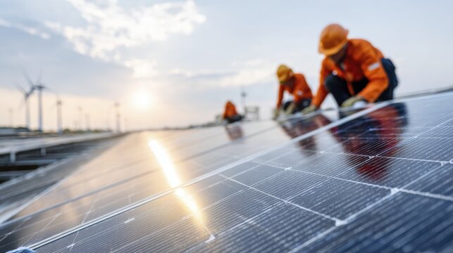 Renewable energy technicians installing solar panels at a wind farm during sunset