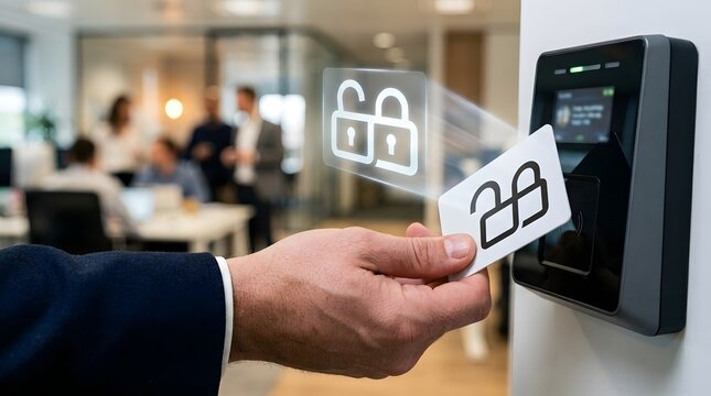 Smart office security featuring person using RFID key card on electronic reader with digital unlock icon for access control.