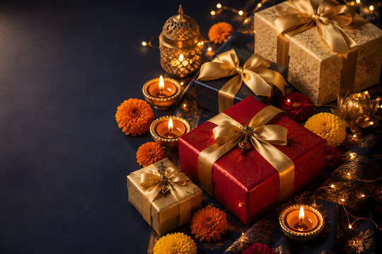 Beautiful festive diwali background with gifts, candles and lights.