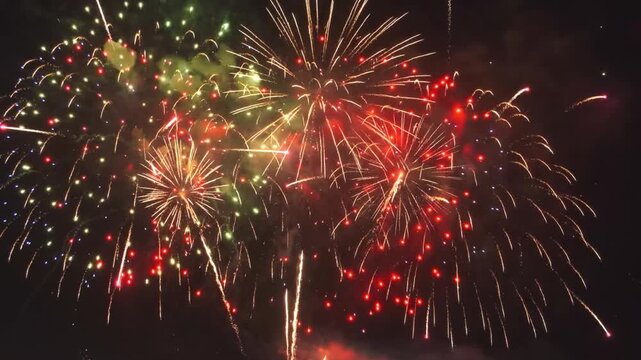 4K loop seamless of real fireworks background golden shining fireworks with bokeh lights in night sky. glowing fireworks show. New year's eve fireworks celebration multiple colors. New year Christmas