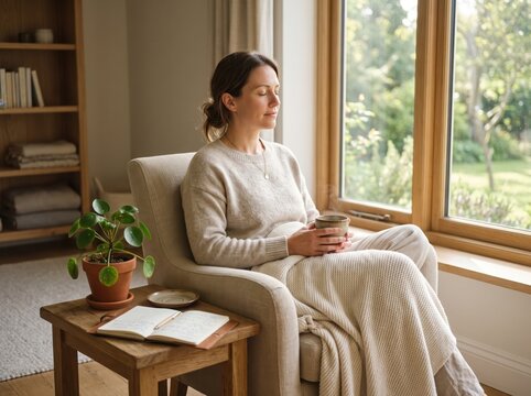 Peaceful Mindfulness and Mental Wellness by a Sunlit Window