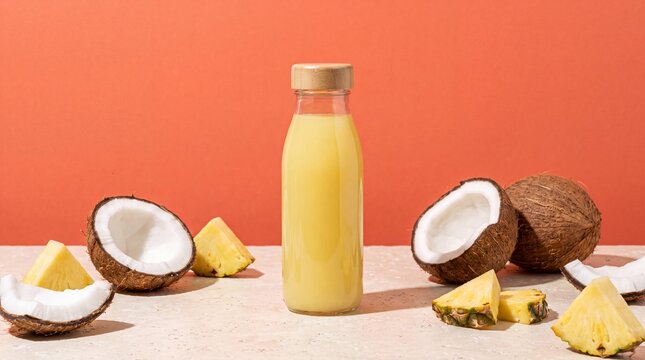 Refreshing pineapple coconut juice served in clear glass bottle with wooden cap surrounded by fresh tropical fruit slices placed on light textured stone surface background