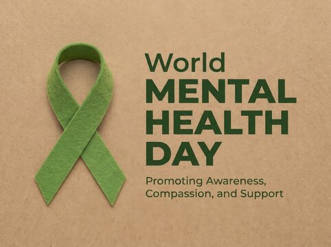 Green Mental Health Awareness Ribbon on Textured Earth Tone Background