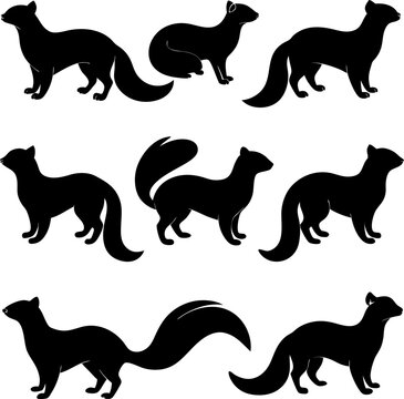 Collection of black silhouettes of weasels in various poses, isolated on a white background, for projects