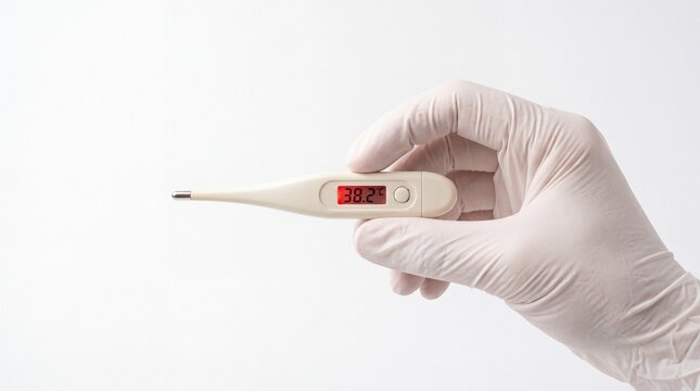 Medical gloved hand holding a digital electronic thermometer displaying a high fever reading of thirty eight point two degrees celsius isolated on a white background