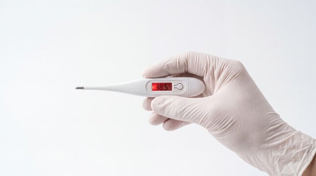 Medical digital thermometer held by a doctor wearing a white sterile latex glove displaying a high fever temperature reading of thirty eight point five degrees celsius