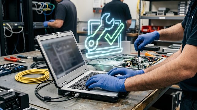 Professional technician repairing computer hardware using a rugged laptop and tools with a neon maintenance icon overlay.