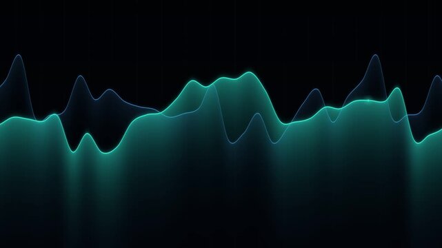 Abstract Blue Wave Line, Digital Sound Frequency Visualization. Futuristic Audio Spectrum Motion. Analytic Data Chart, Neon Green Graphic Background for Medical Music Monitor