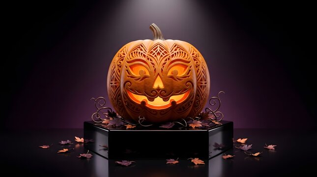 A beautifully carved jack o lantern pumpkin glowing with intricate patterns sits on a dark table for halloween night