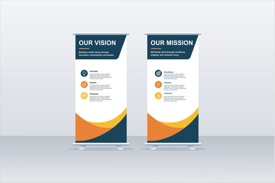 Corporate roll up banner template set with Our Vision and Our Mission. Vector illustration for company business presentation and event.