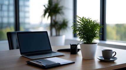 Fototapeta premium Modern office desk with laptop potted plant coffee cup and notebook near large with city view