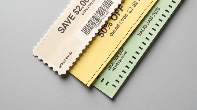 Stack of paper discount coupons and sales vouchers